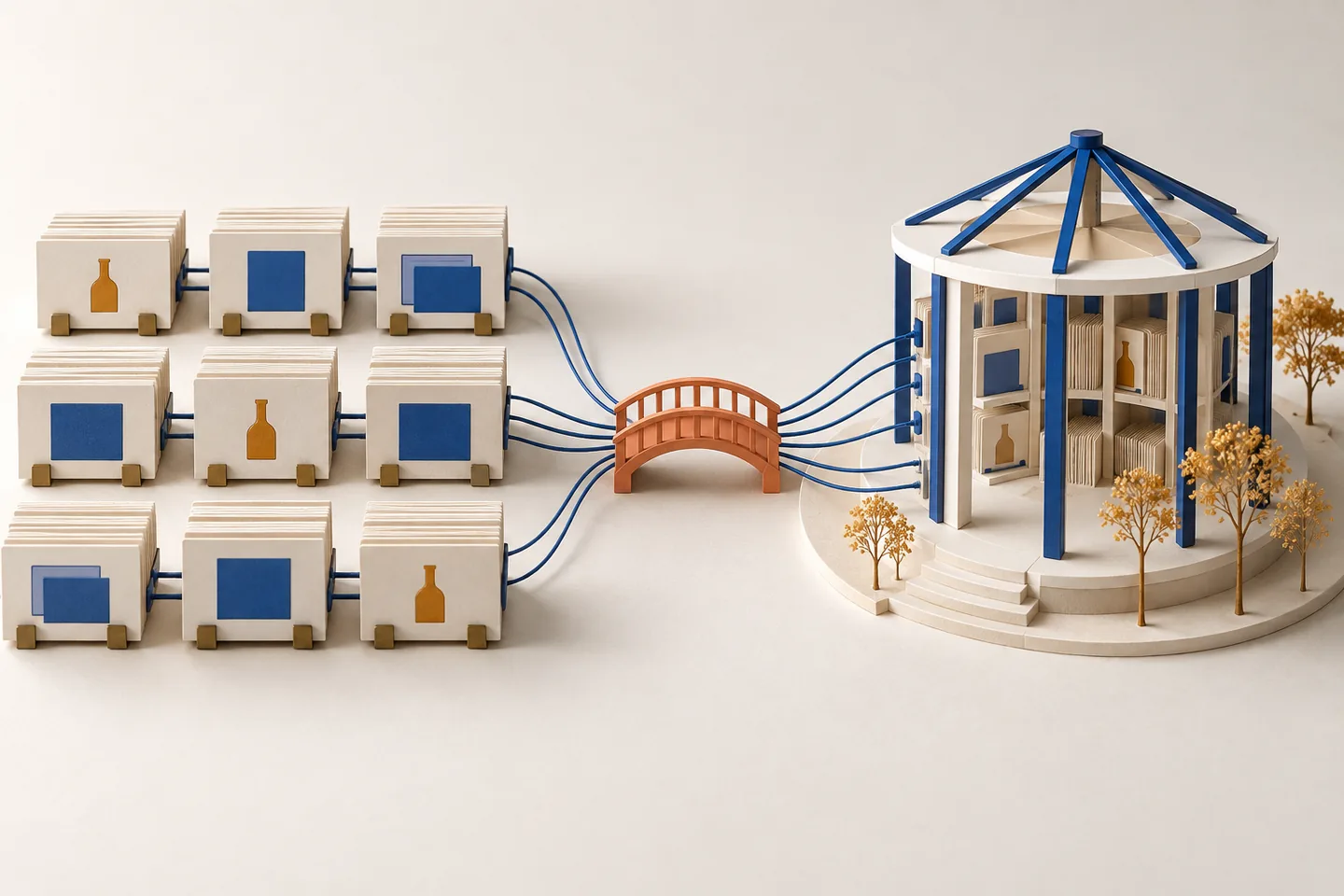 Old paper archive cards connected by carefully preserved blue threads to a new paper building.