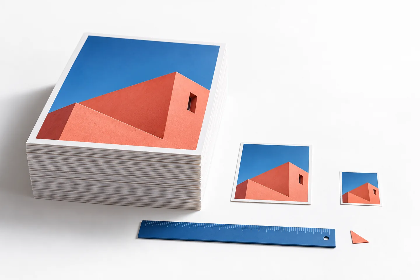 A thick stack of large photographic prints beside two smaller versions and a ruler, illustrating the choice of image dimensions.