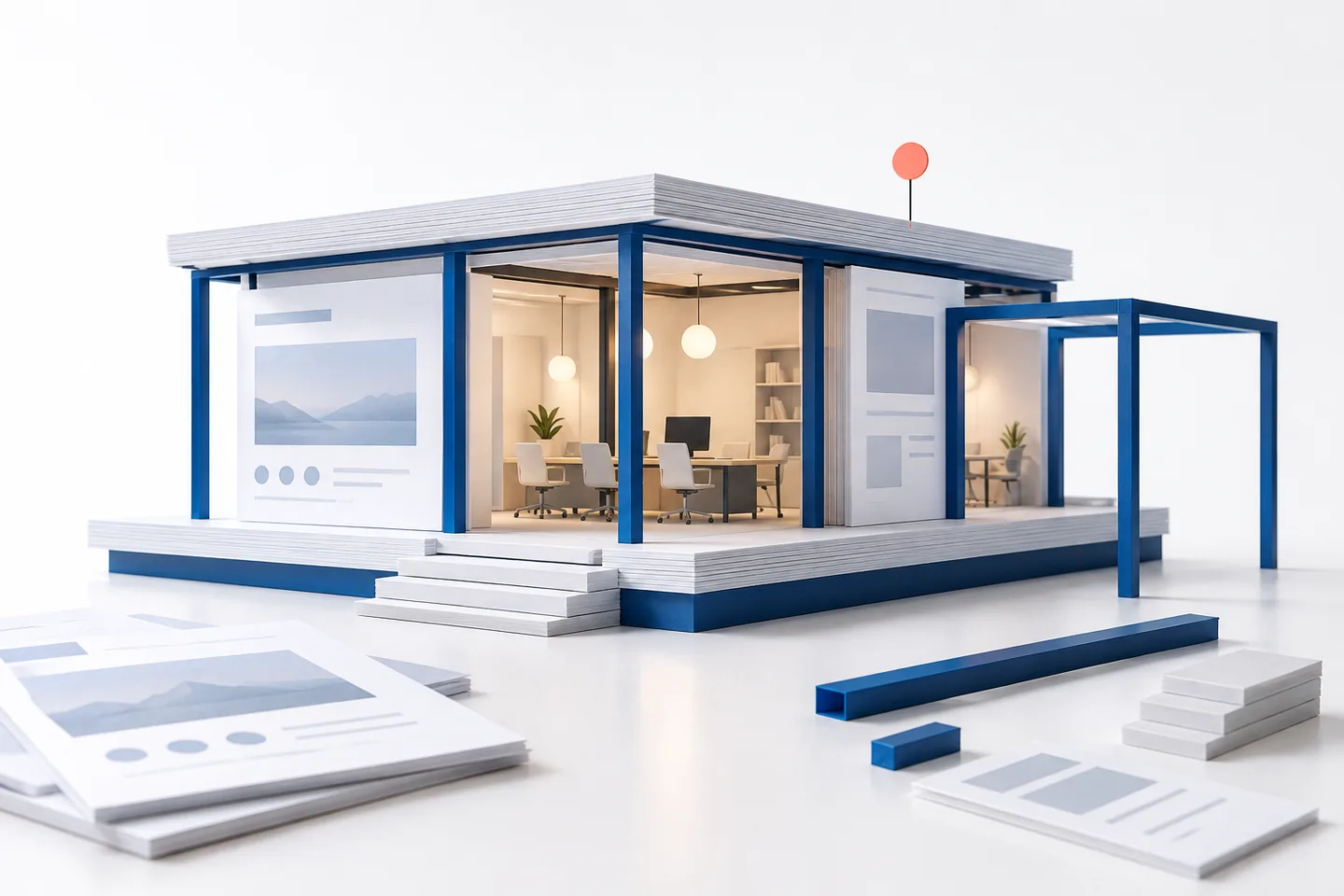 A small office pavilion built from paper website pages.