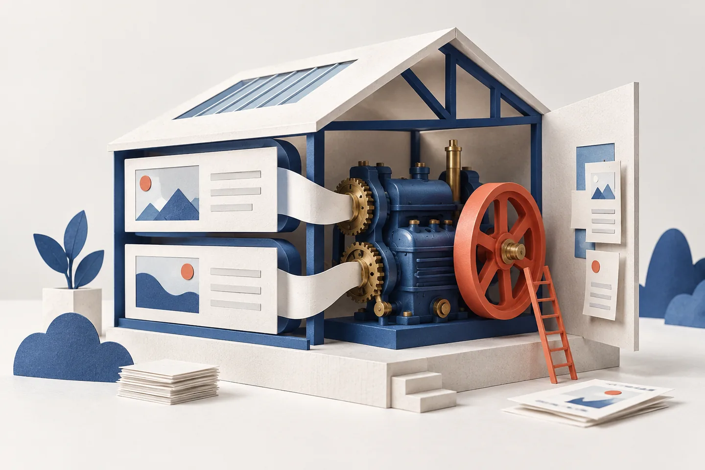 A paper website pavilion with a compact blue engine inside.