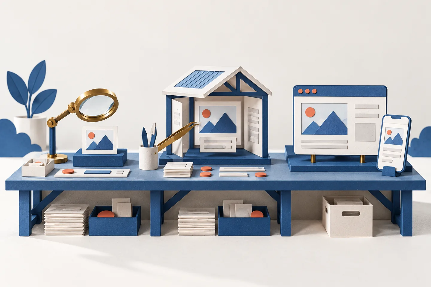 Three stations on a miniature paper workbench inspect a component, an assembled website and its desktop and mobile views.
